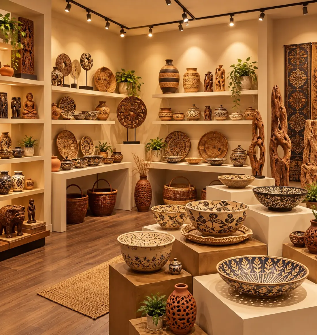 Handcrafted Indian pottery, carvings and baskets displayed on shelves
