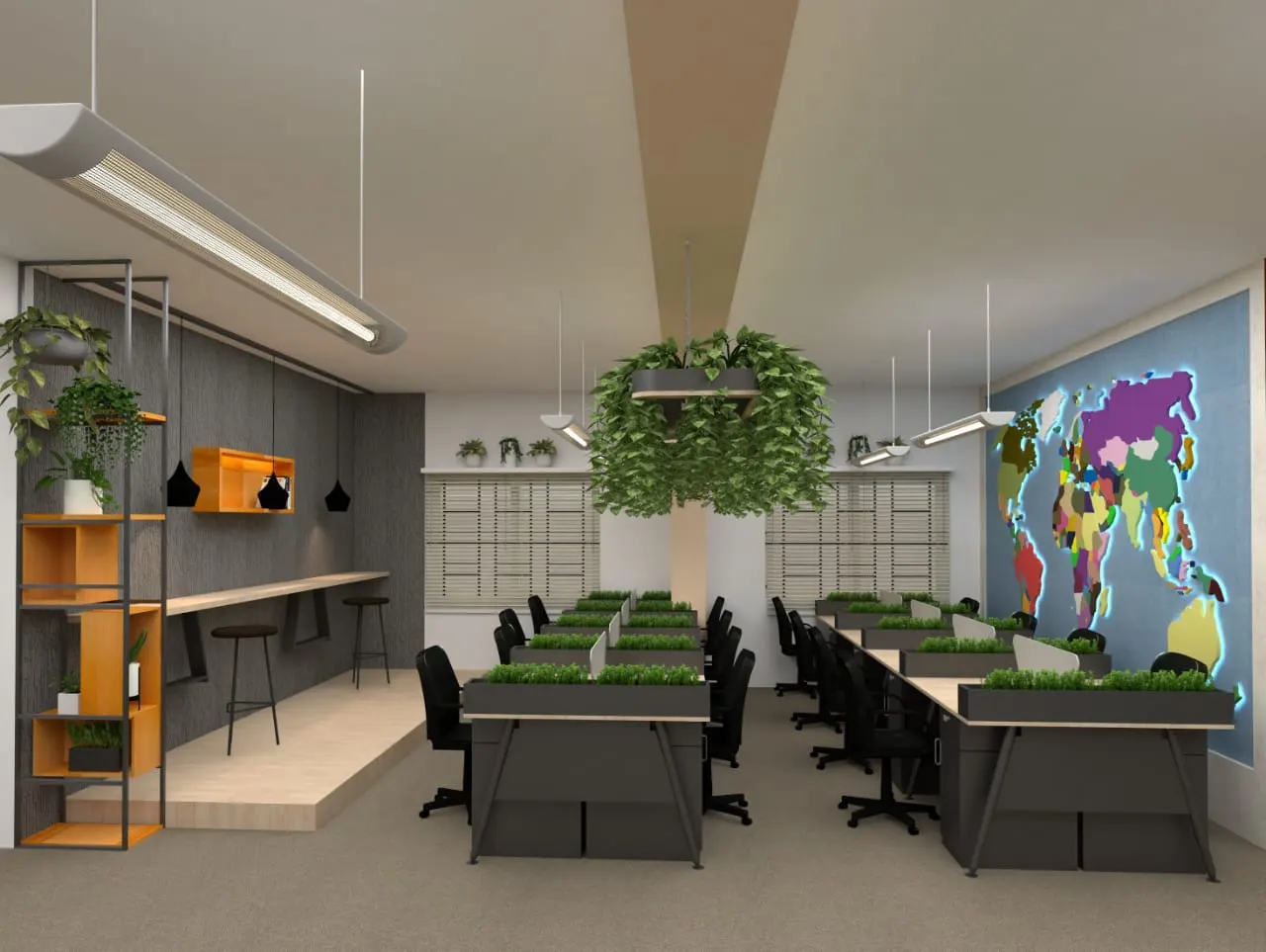Open-plan workspace with desks and a world map wall