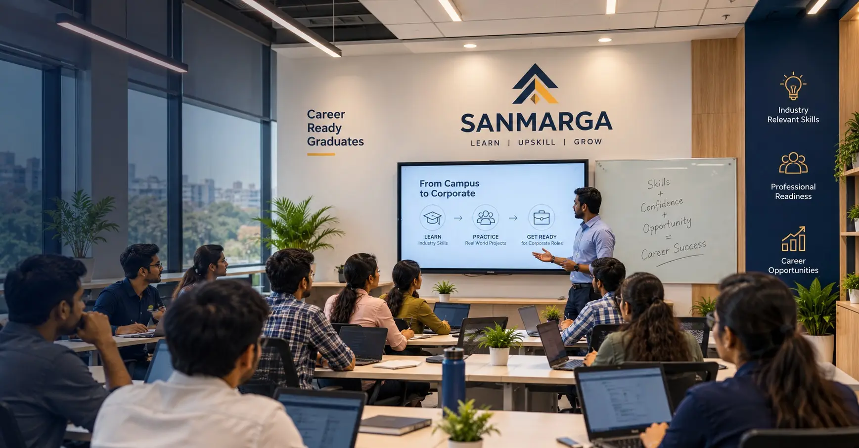 A Sanmarga trainer teaching graduates in a modern classroom